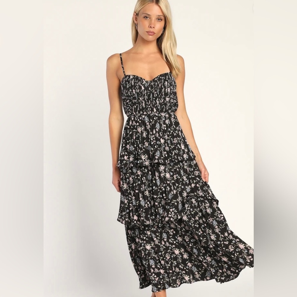 Lulus Black Floral Print Tiered Midi Dress
